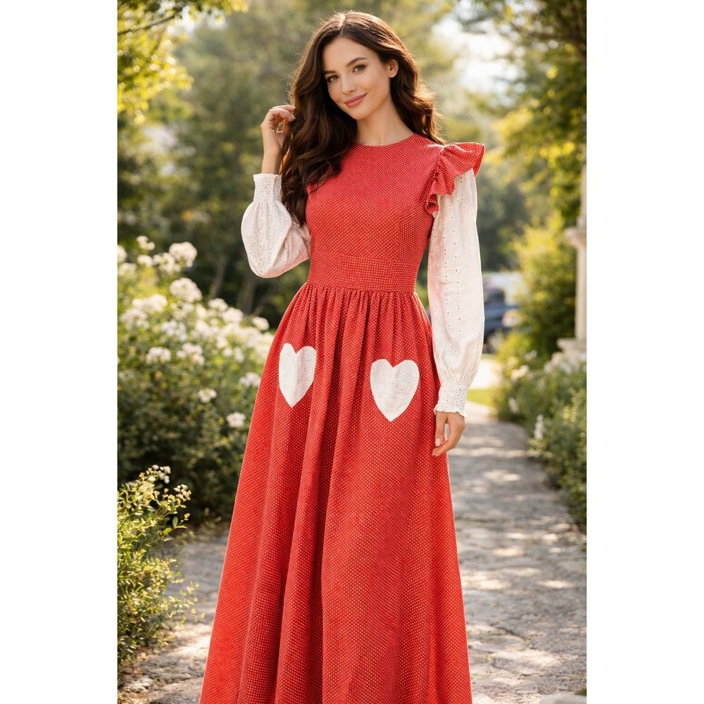 Vintage 1970s Prairie Maxi Dress Red Polka Dot Heart Pockets Dotted Swiss Sleeve